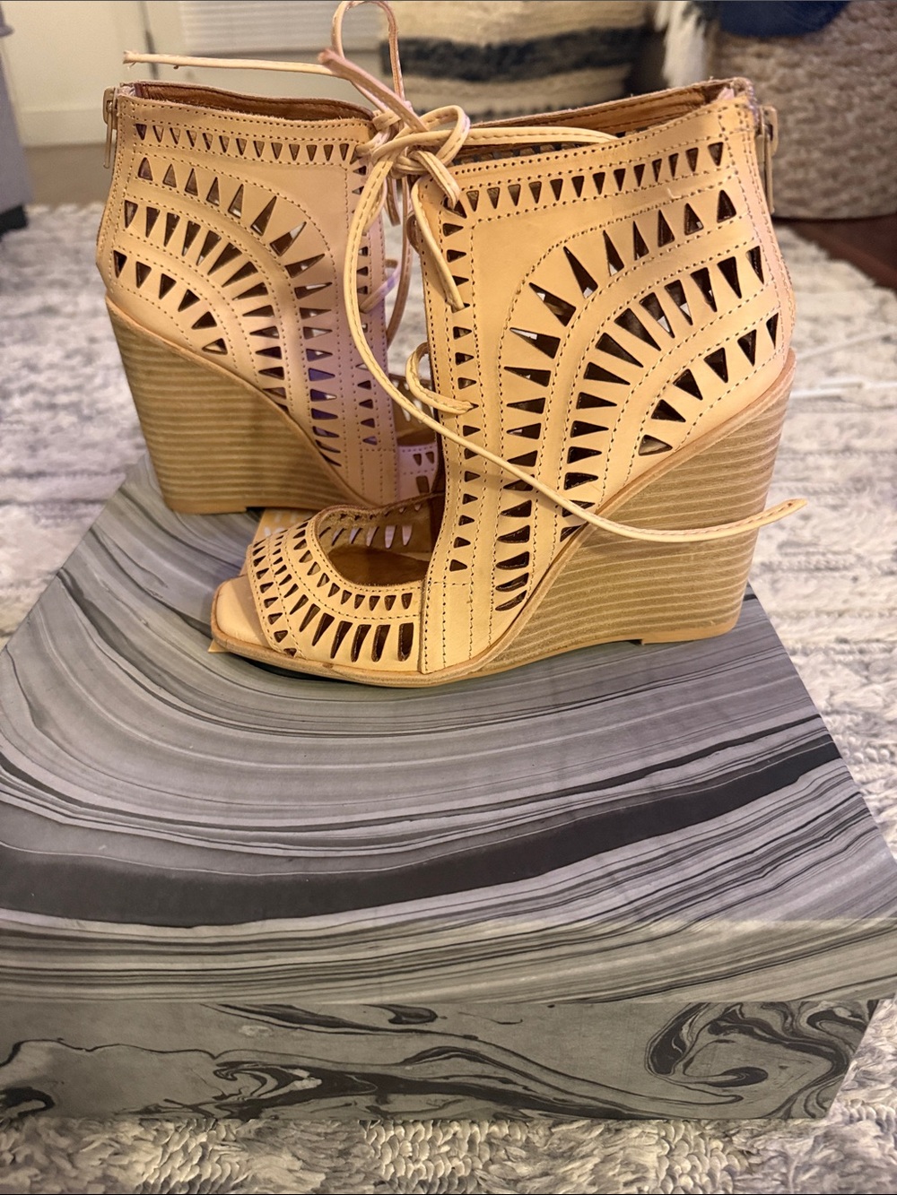 Women’s Lace-Up Laser-Cut Wedge Sandals - tan